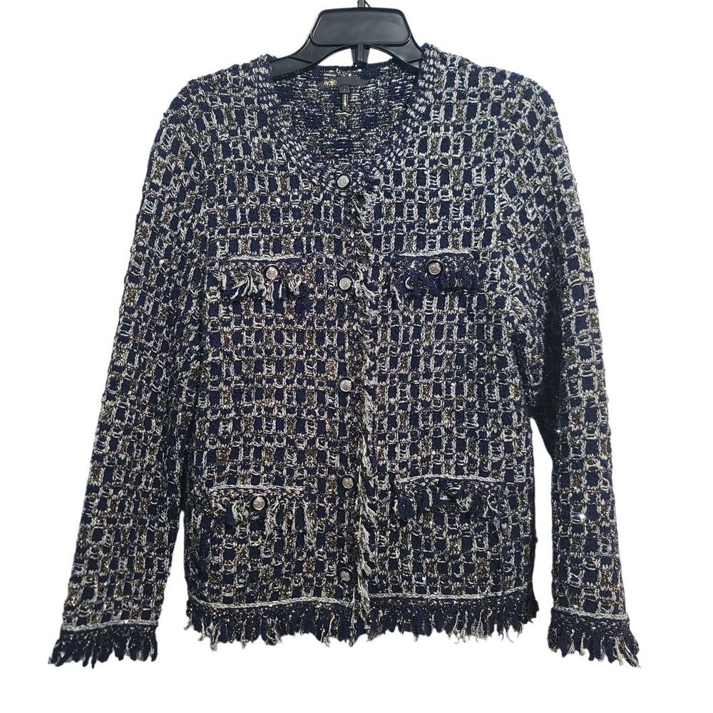 Maje Mimir Fancy Lurex Knit Cardigan Navy Blue Tweed Size 3